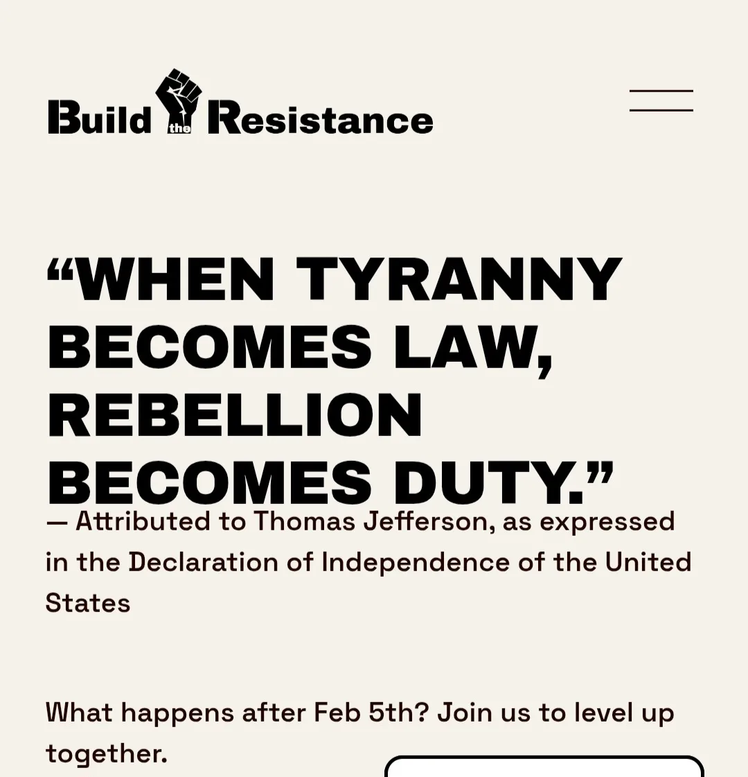A minimalist graphic with a beige background and black text. At the top, it says 'Build the Resistance' with a raised fist…