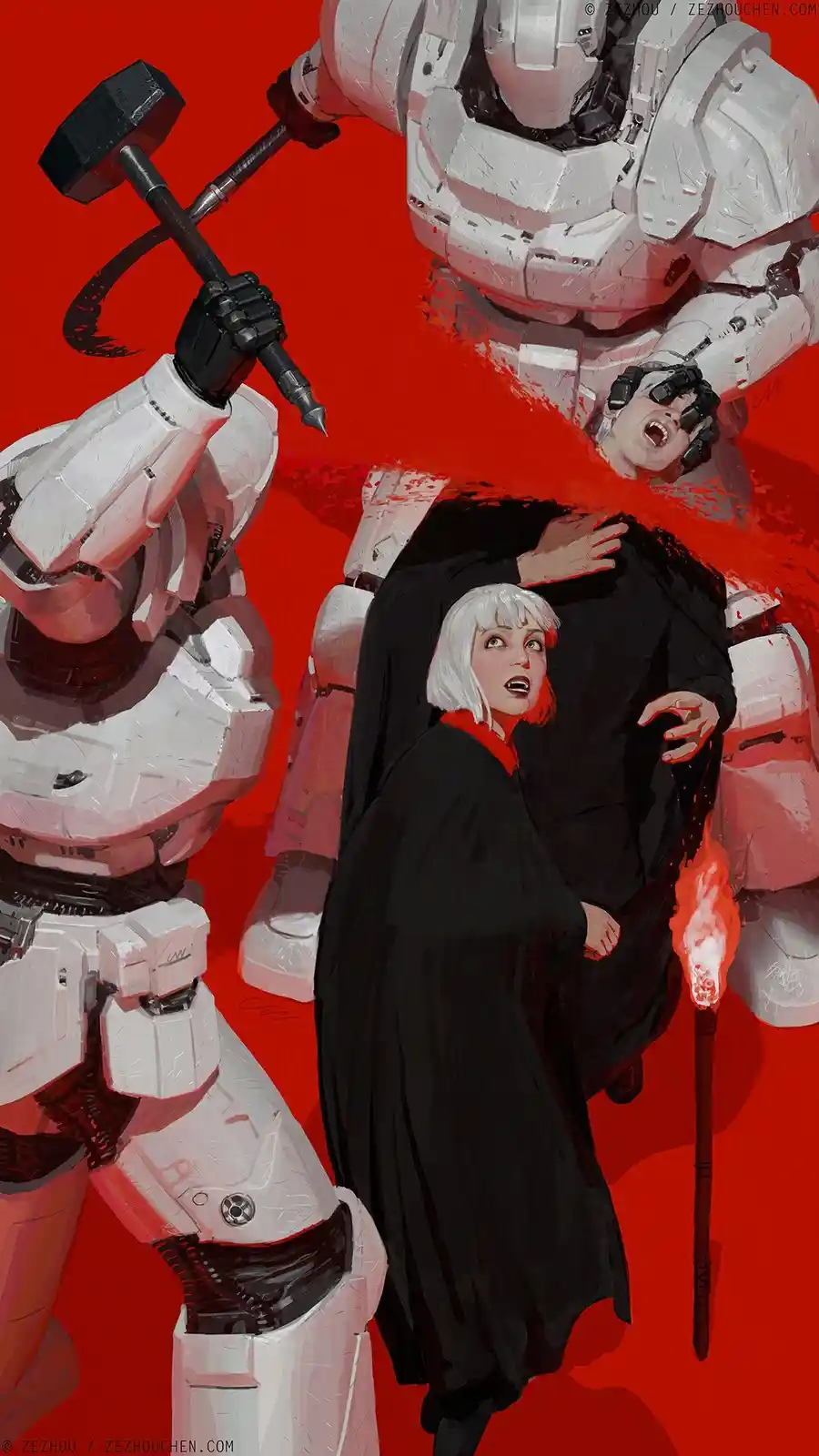 A dramatic digital painting shows a woman in a black robe holding a flaming torch, looking terrified as two white armored…