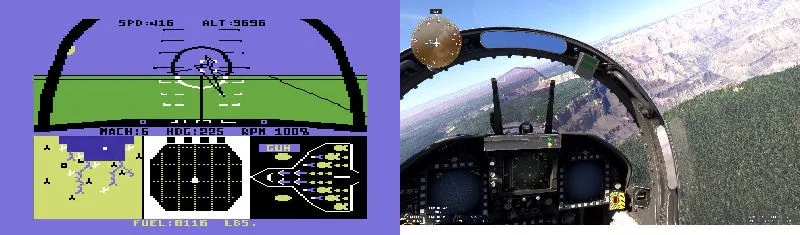 The image displays a side-by-side comparison: on the left, a pixelated video game cockpit interface showing flight data like…