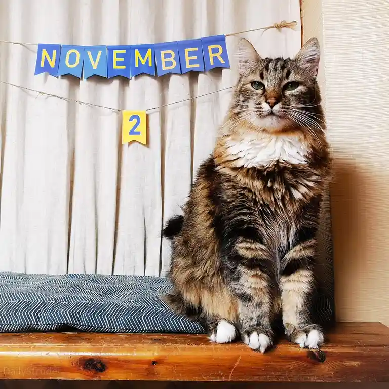 A fluffy tabby cat with green eyes sits regally on a wooden bench, looking directly at the camera with a bored expression…