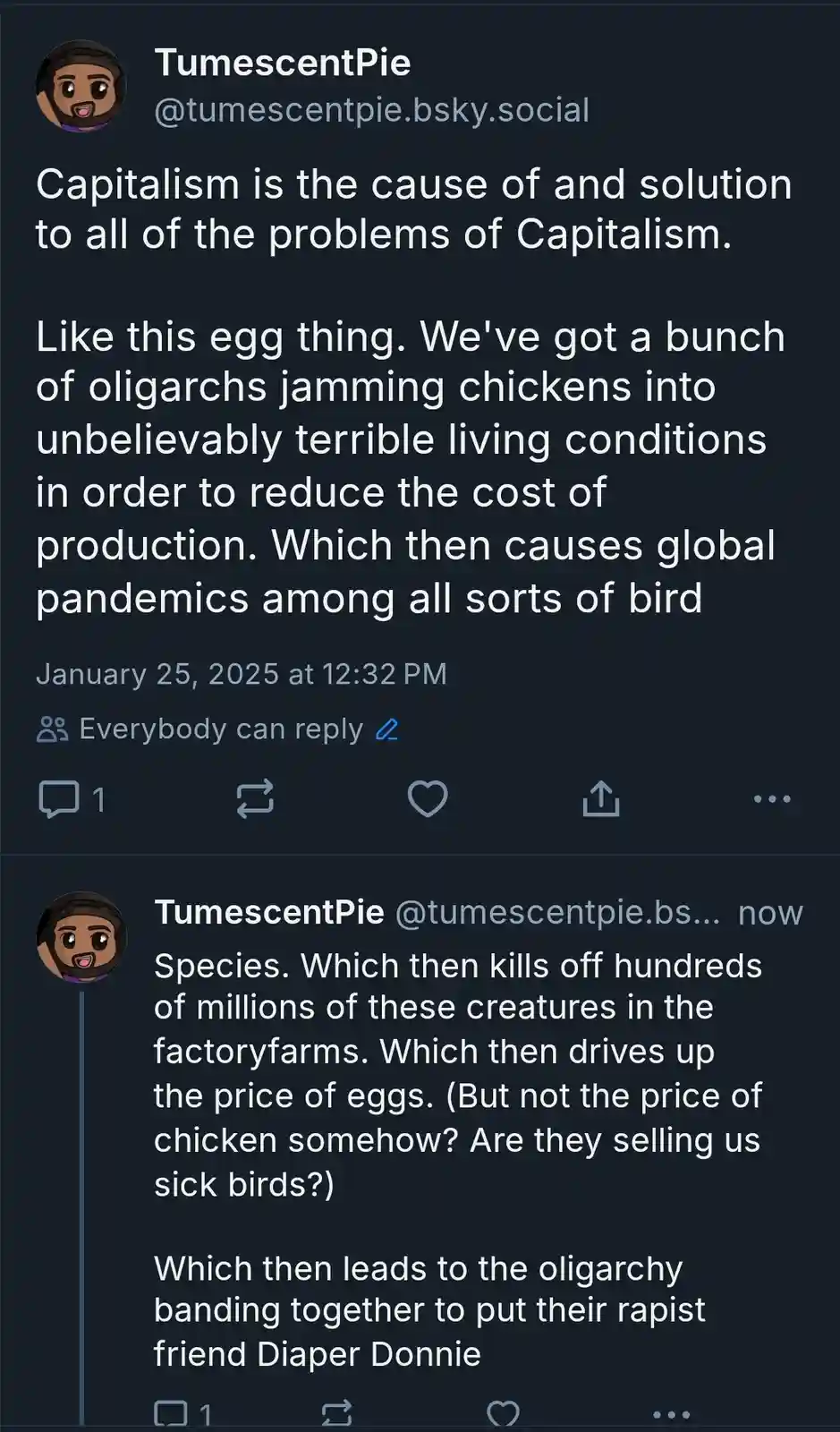 A screenshot of a social media post by 'TumescentPie' detailing a satirical, self-referential argument about capitalism…