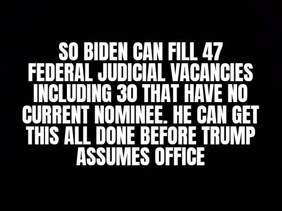 The image is a black background with bold white text stating that Joe Biden can fill 47 federal judicial vacancies…