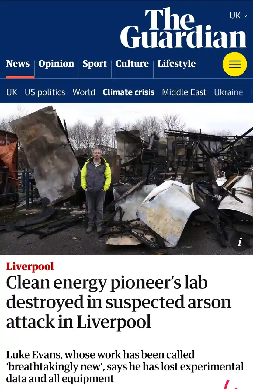A screenshot of The Guardian's UK news website shows a man standing calmly in front of the charred, rubble-strewn remains of…