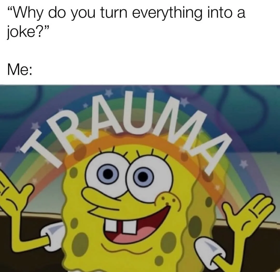 The image shows the cartoon character SpongeBob SquarePants with a wide, cheerful grin and raised hands, standing in front…