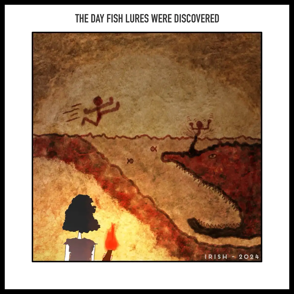 An image styled as ancient cave art depicts a person holding a torch, illuminating a scene where a large fish with an open…