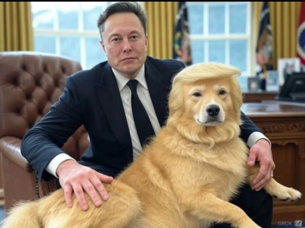 A man in a dark suit sits in a leather chair in an office with flags and windows, petting a golden retriever. The dog has a…