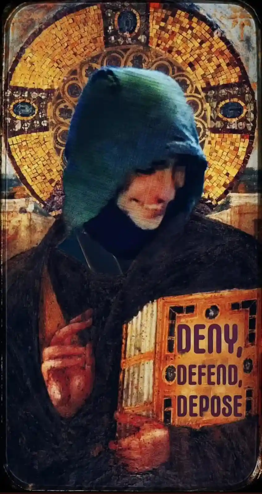 A person wearing a blue hood and black clothing, holding a book with the text 'DENY, DEFEND, DEPOSE' on its cover, is…