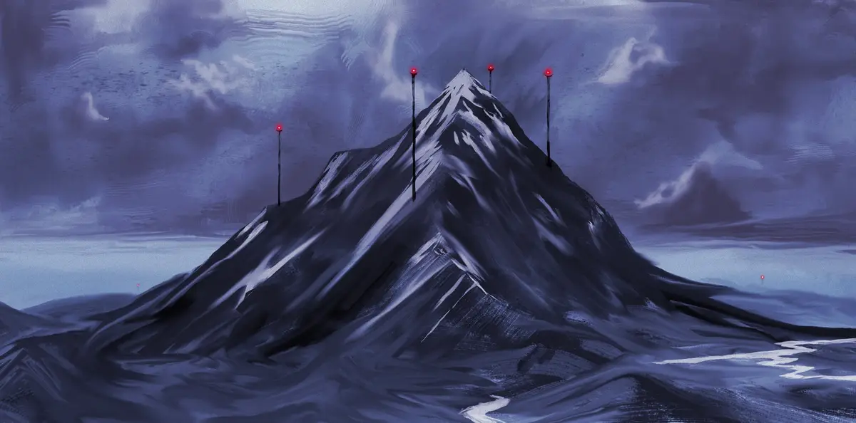 A dark, stylized painting of a snow-capped mountain under a gloomy sky, with several tall poles topped by glowing red lights…