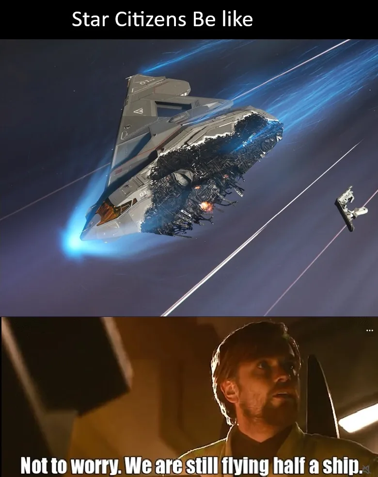The top panel shows a heavily damaged spaceship with half its structure missing, emitting blue energy trails as it flies…
