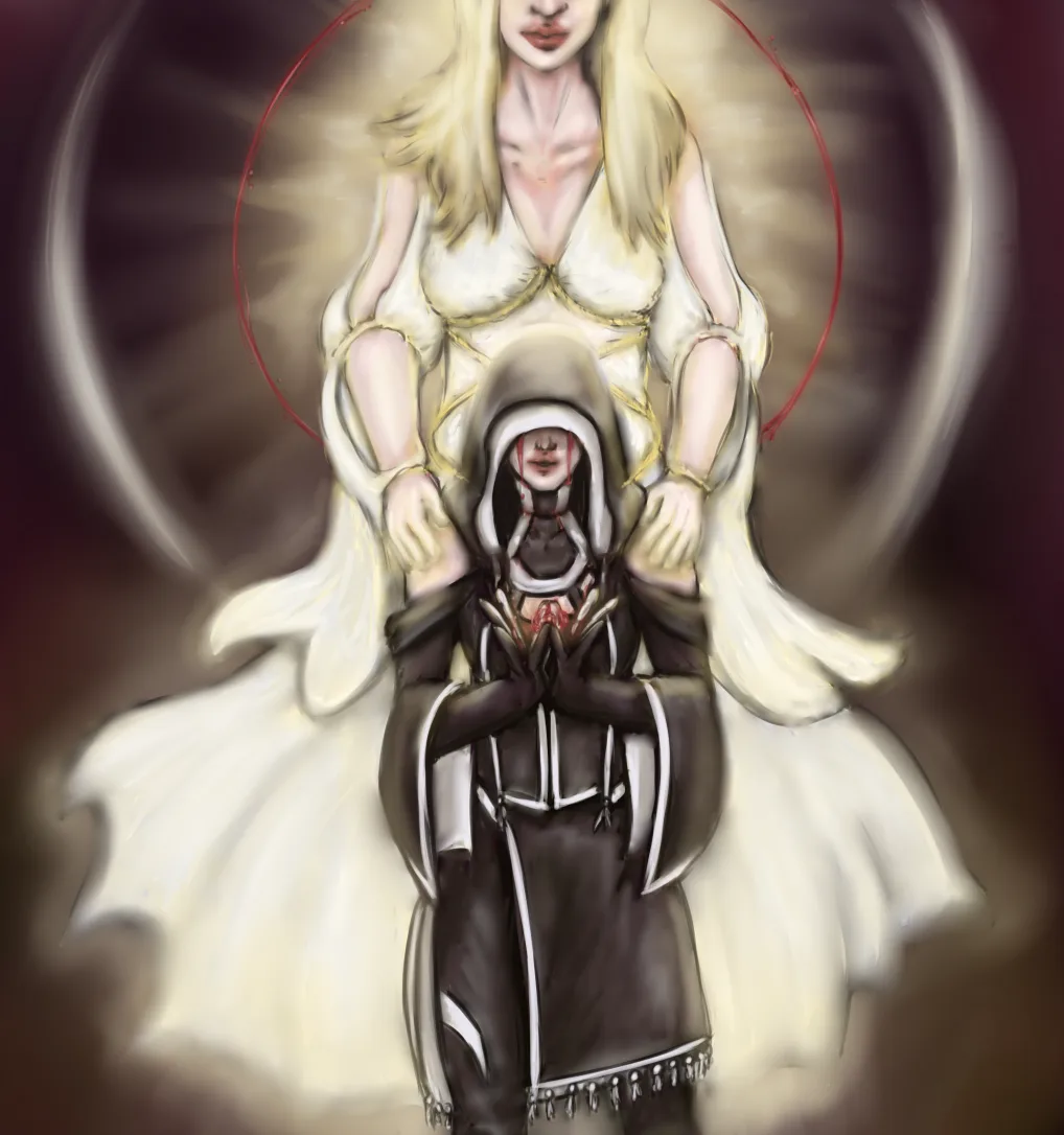 A digital illustration shows a blonde woman in a white, flowing robe with a red halo, standing behind and holding a hooded…