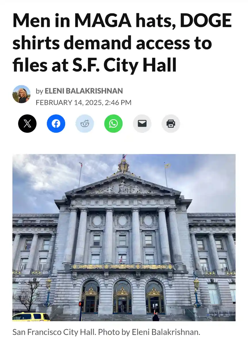 A news article screenshot shows a photo of San Francisco City Hall with a headline stating 'Men in MAGA hats, DOGE shirts…