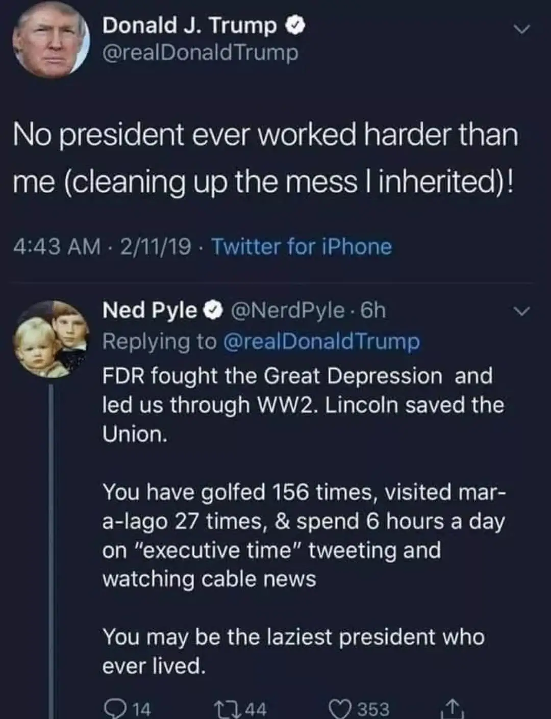 A screenshot of a Twitter thread shows Donald Trump's tweet claiming he worked harder than any president by cleaning up…