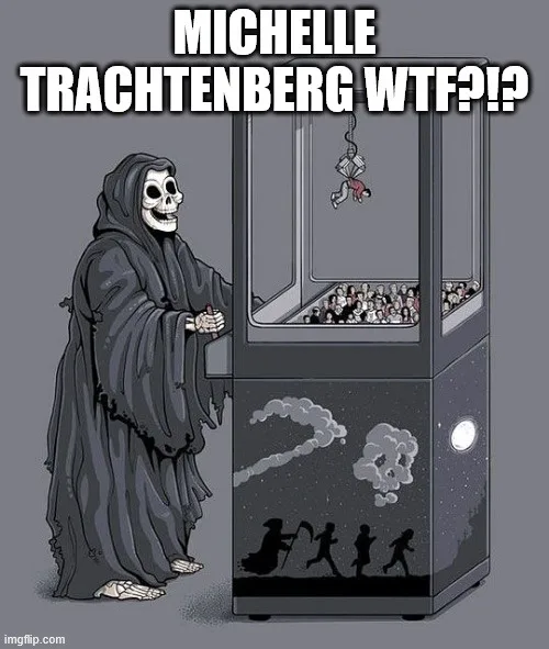 A grim reaper stands beside a claw machine filled with small figures, looking at one hanging figure inside. The machine's…