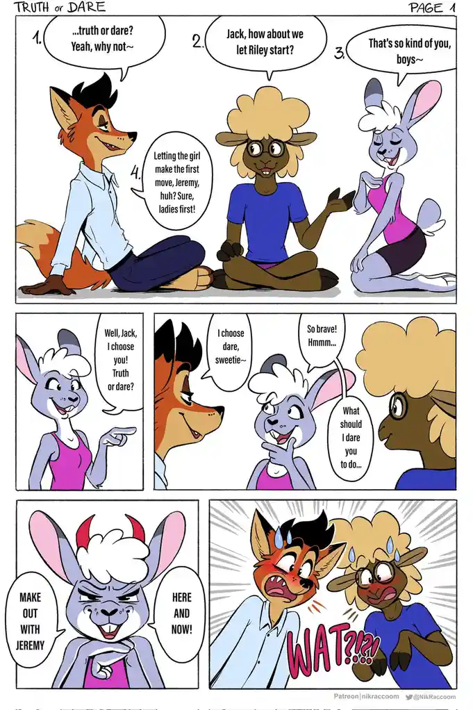 A comic strip titled 'TRUTH or DARE' shows three anthropomorphic animal friends playing a game. A fox, a sheep, and a rabbit…