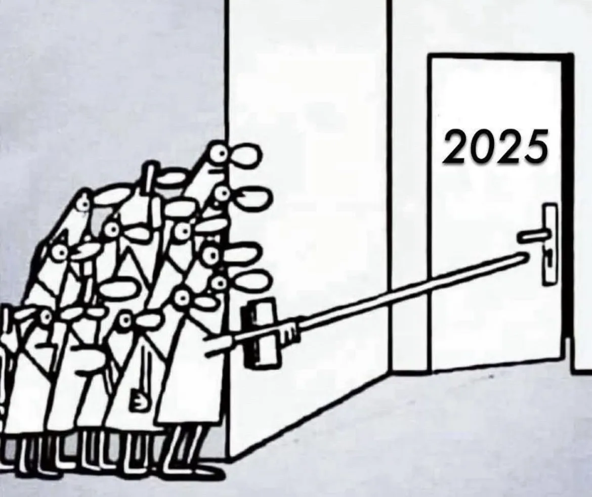 A black-and-white cartoon shows a crowd of stick-figure people in lab coats pushing a long pole against a door labeled…