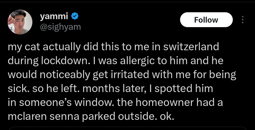 A screenshot of a tweet by user 'yammi' (@sighyam) with a black background and white text. The tweet recounts a story about…
