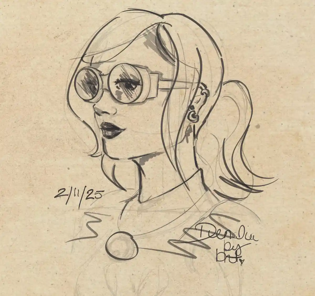 A sketch of a woman with long hair, round glasses, and a collar, drawn on textured paper. The image includes the date…