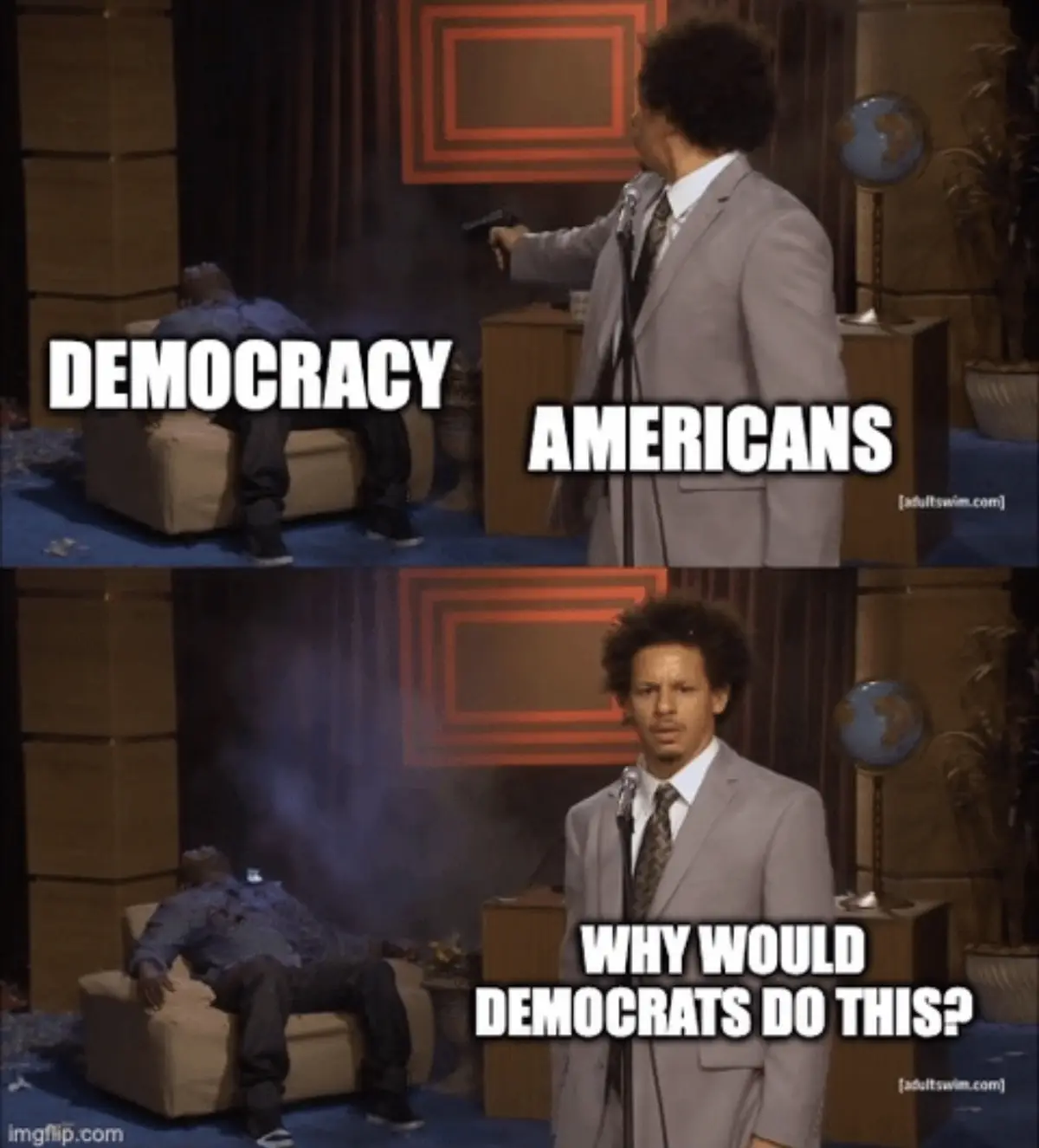 Two-panel image from the show 'Tom Goes to the Mayor' featuring a man in a suit pointing a gun at another man seated on a…