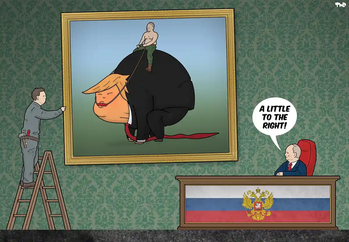 A cartoon depicts Vladimir Putin sitting at a desk with the Russian flag and coat of arms, directing a worker on a ladder…