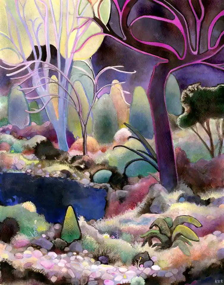 A colorful, surreal watercolor painting depicts a fantastical forest scene with stylized trees, one prominently outlined in…