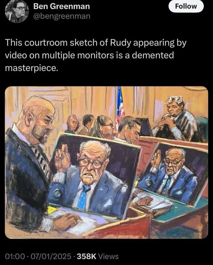 A courtroom sketch shows a man in a suit and tie sitting at a desk, with two identical video monitors in front of him…