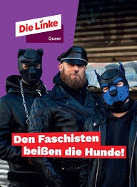 Three men in black leather jackets and balaclavas stand in front of a purple background with the text 'Die Linke' and…