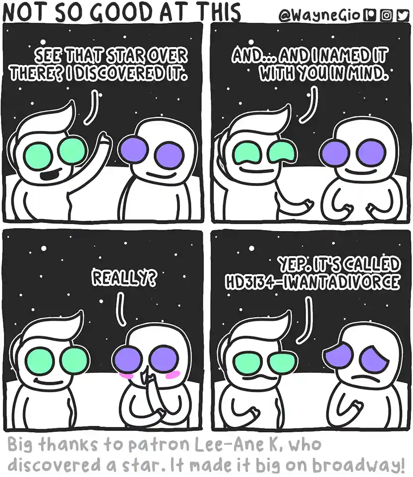 A four-panel comic shows two cartoon characters under a starry sky. The first character excitedly claims to have discovered…