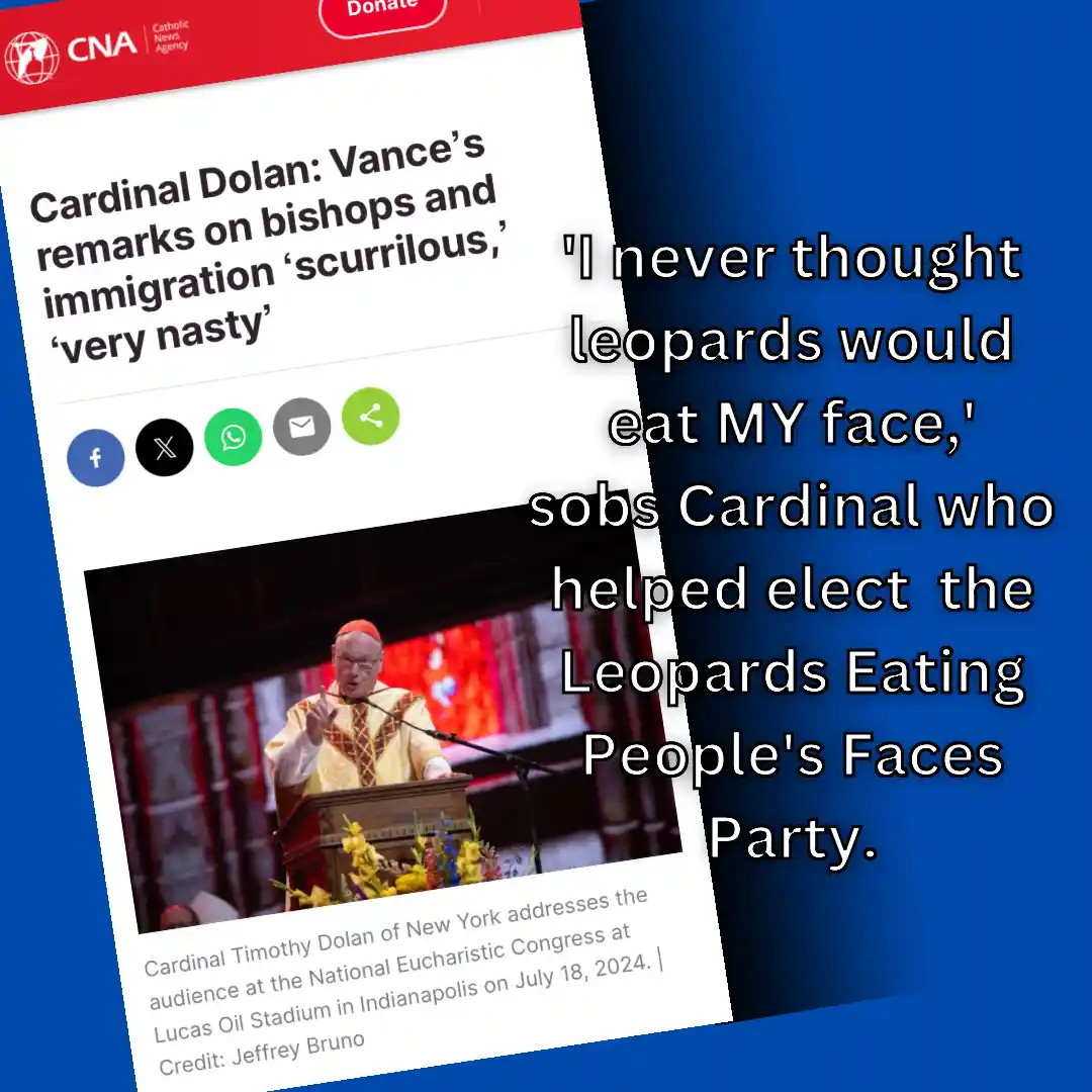 A screenshot of a CNA news article about Cardinal Timothy Dolan criticizing political remarks is overlaid with large white…