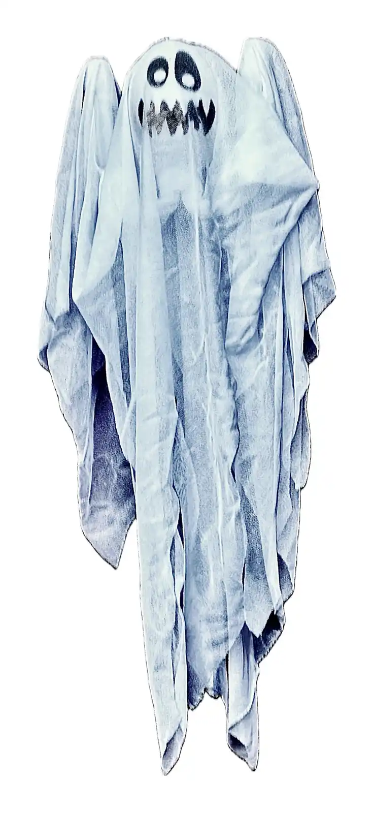 A light blue, crumpled towel is draped to resemble a ghost, with a simple black marker face drawn on it featuring two round…