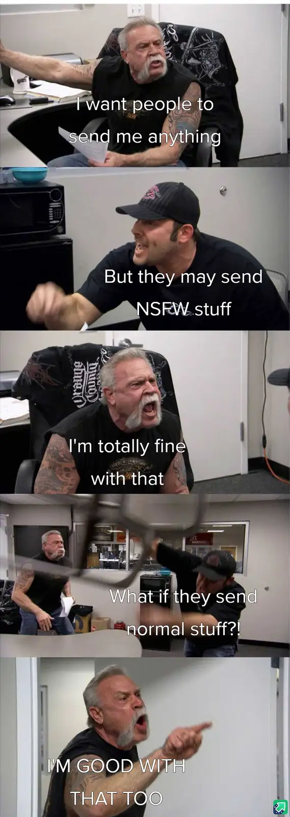 A five-panel meme featuring two men in an office setting. The first man, with a white beard and tattoos, enthusiastically…