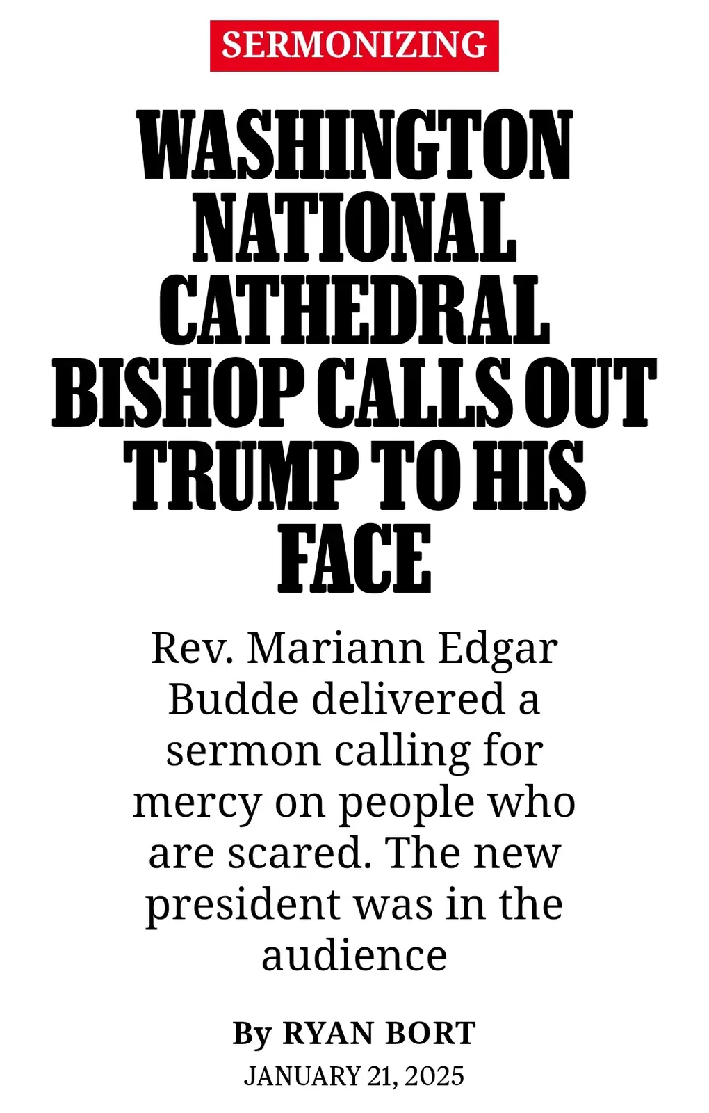 The image displays a mock news article with a red banner at the top reading 'SERMONIZING'. The main headline in large black…