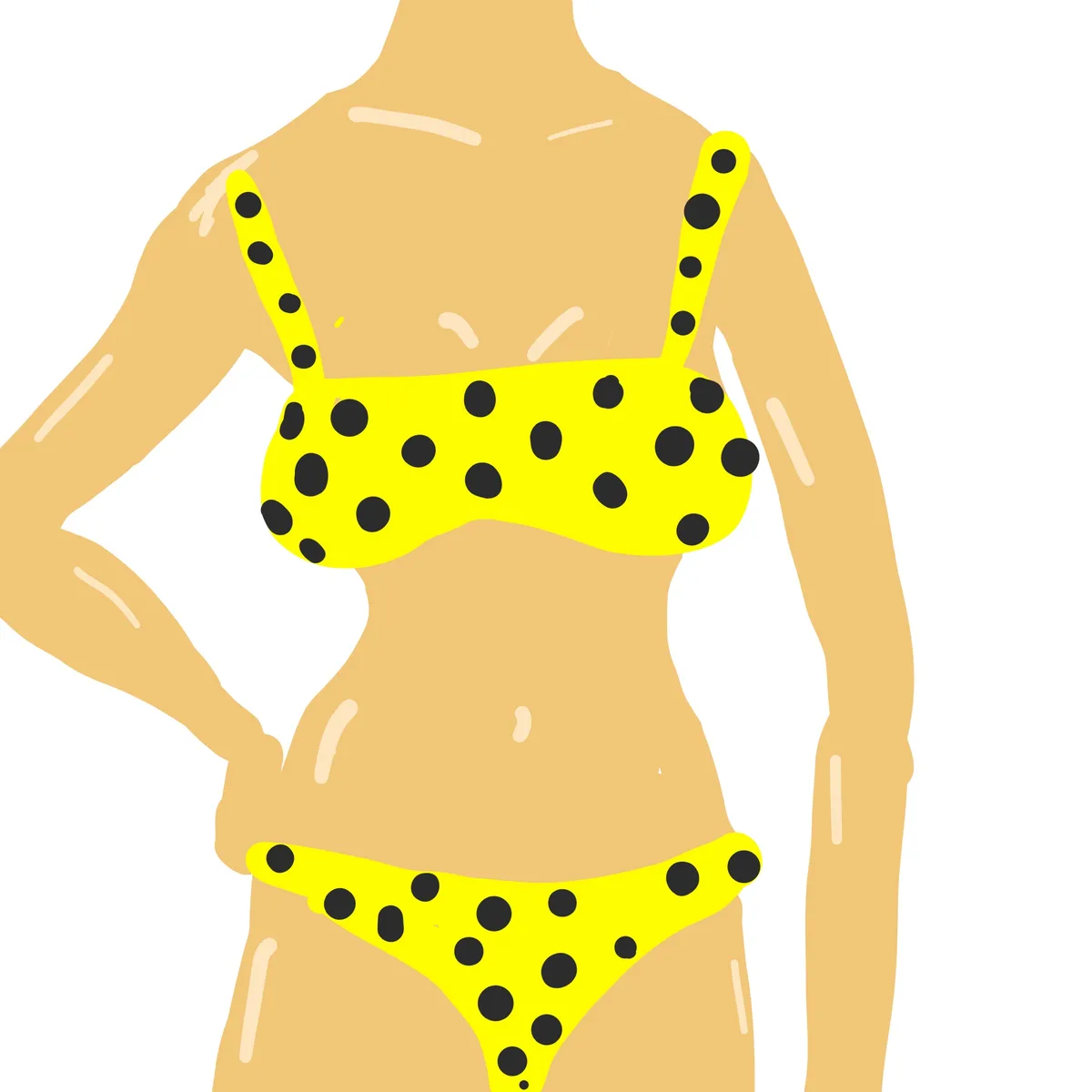A cartoon illustration shows a person from the shoulders down wearing a yellow polka-dot bikini. The person has one hand on…