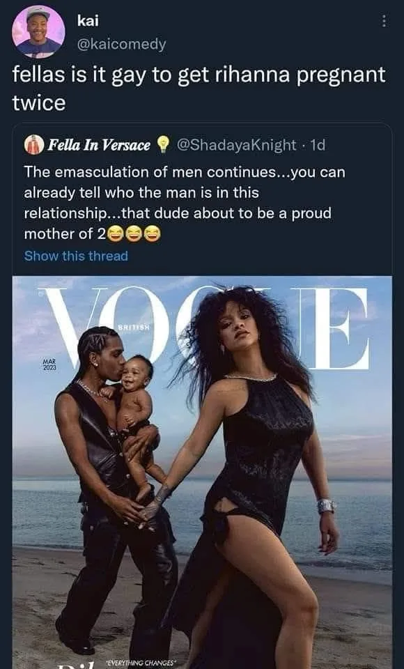 A screenshot of a social media post showing a Vogue magazine cover featuring Rihanna and her partner holding a baby on a…