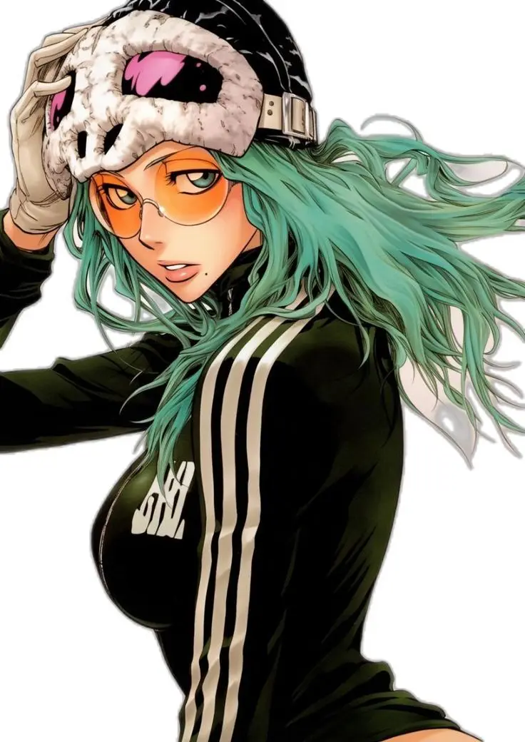 An anime-style woman with long teal hair, orange glasses, and a black tracksuit with white stripes holds a skull-shaped…