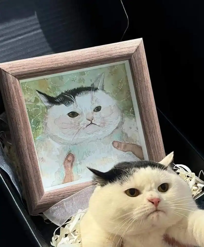 A real white and black cat with a grumpy expression sits beside a framed painting of itself, which also depicts the same cat…
