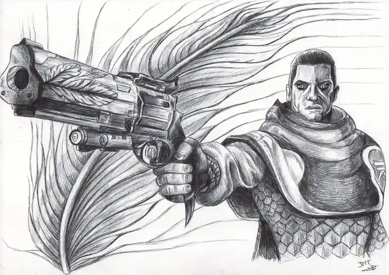 A detailed black-and-white pencil drawing shows a stern-faced man in armor and a flowing cloak, gripping a large, ornate…