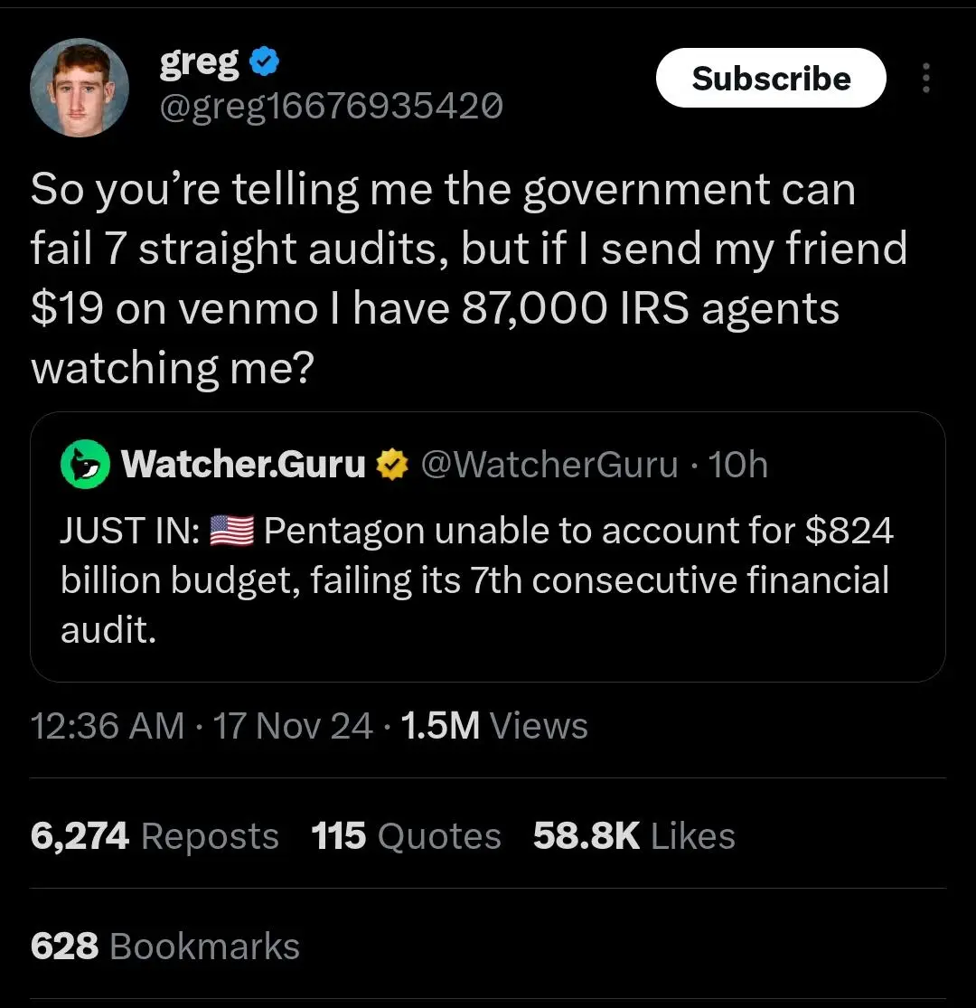 A screenshot of a Twitter/X post by user 'greg' with a blue verification checkmark, replying to a tweet from 'Watcher.Guru'…