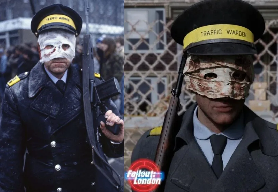 The image is a side-by-side comparison: on the left, a real traffic warden with a white bandage covering his face, holding a…