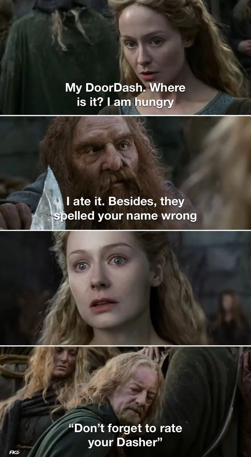 A four-panel meme using scenes from 'The Lord of the Rings' to parody DoorDash delivery issues. The first panel shows a…