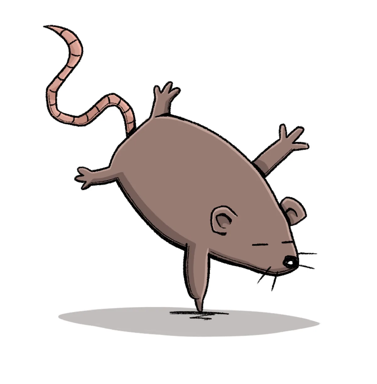 A cartoon mouse is balancing on one hind leg with its arms outstretched and tail curved up, eyes closed in a serene pose…
