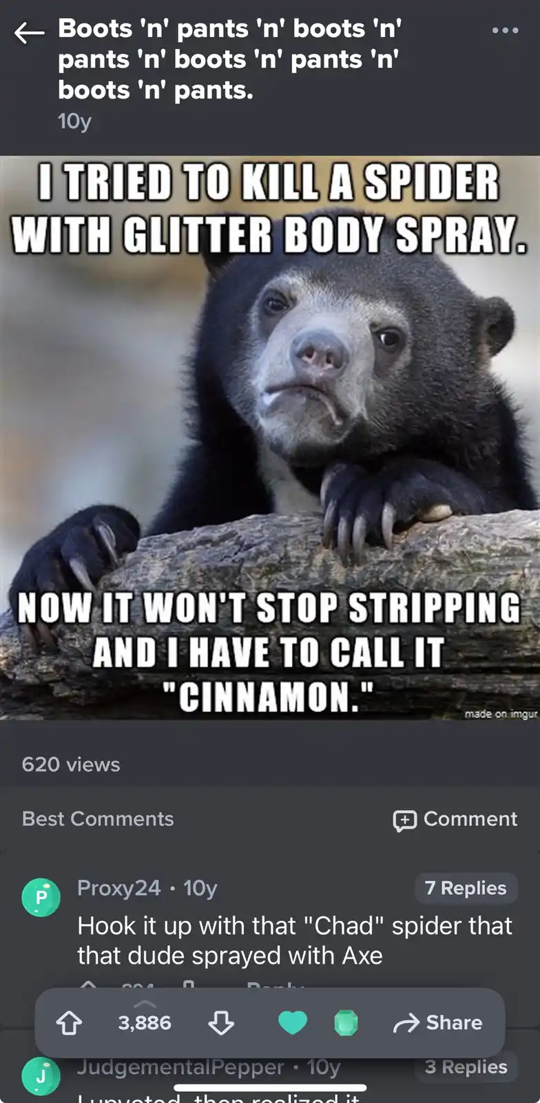 The image shows a close-up of a sad-looking spectacled bear resting its paws on a log, with large white text overlaid that…