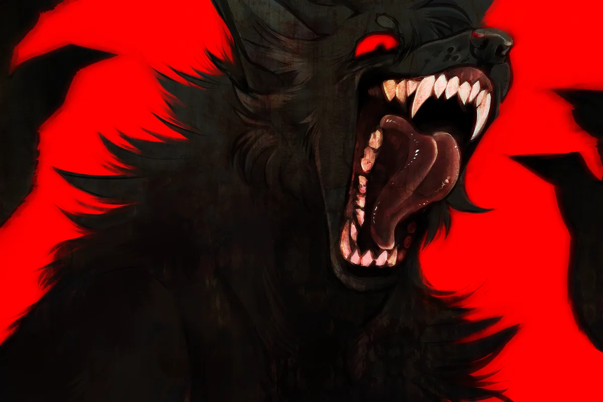 A dark, menacing wolf with glowing red eyes and bared fangs roars against a vivid red background. The overlaid text reads…