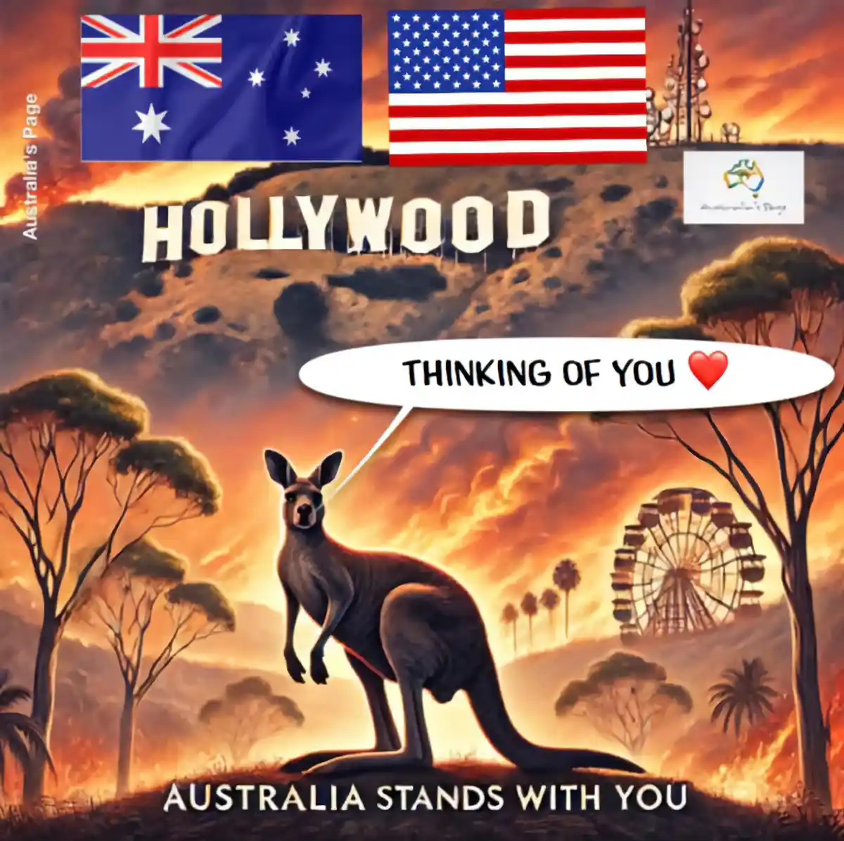 A digitally altered image shows a kangaroo standing in an Australian outback setting with eucalyptus trees, but the…
