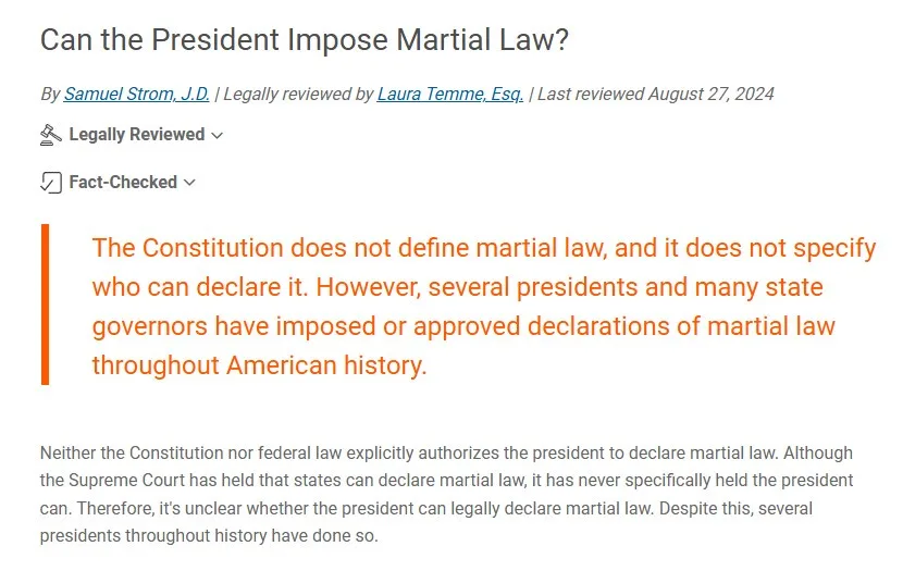An article snippet titled 'Can the President Impose Martial Law?' by Samuel Strom, J.D., with a 'Fact-Checked' label. The…