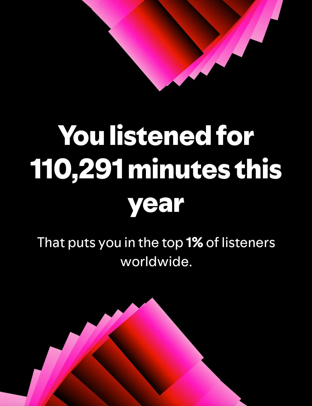 A black background with pink and red geometric shapes at the top and bottom. White text in the center states 'You listened…