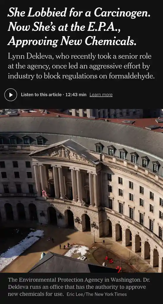 An aerial photo of the grand, classical-style Environmental Protection Agency building in Washington, D.C., with snow…