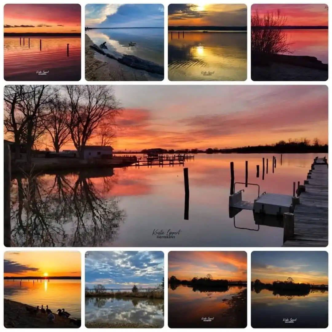 A collage of eight serene lake or river sunset and sunrise photos, featuring vibrant orange, pink, and blue skies reflected…