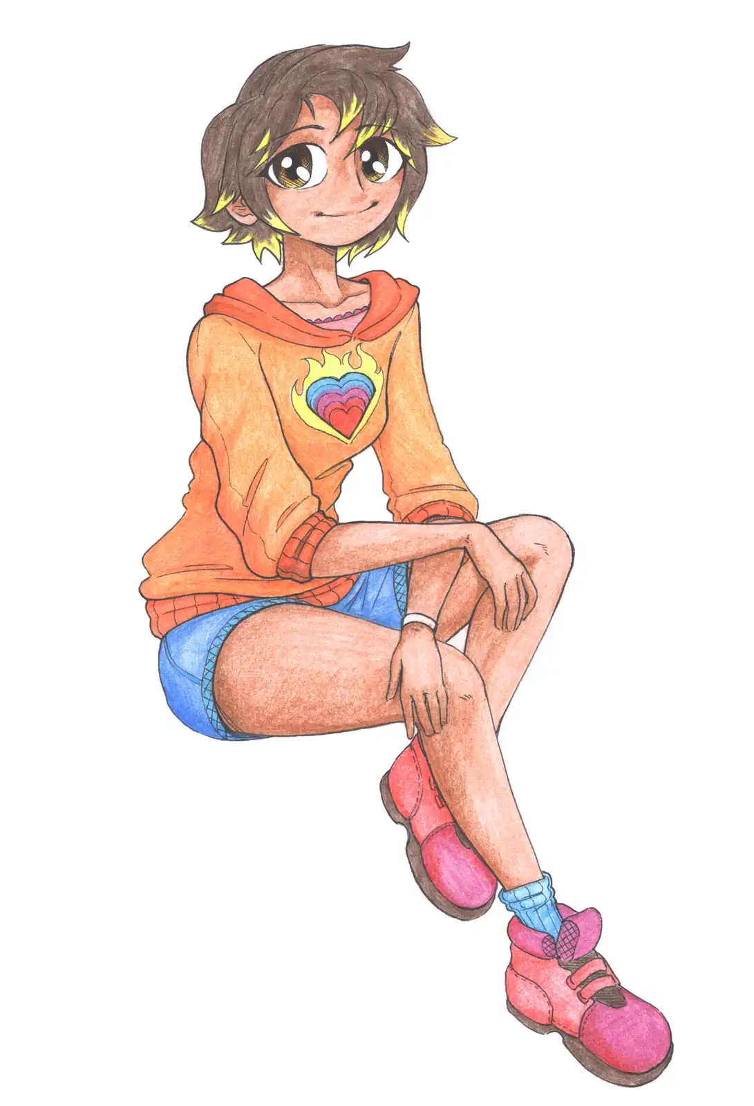 A colorful anime-style drawing of a young person with brown and yellow hair, sitting cross-legged in a relaxed pose. They…