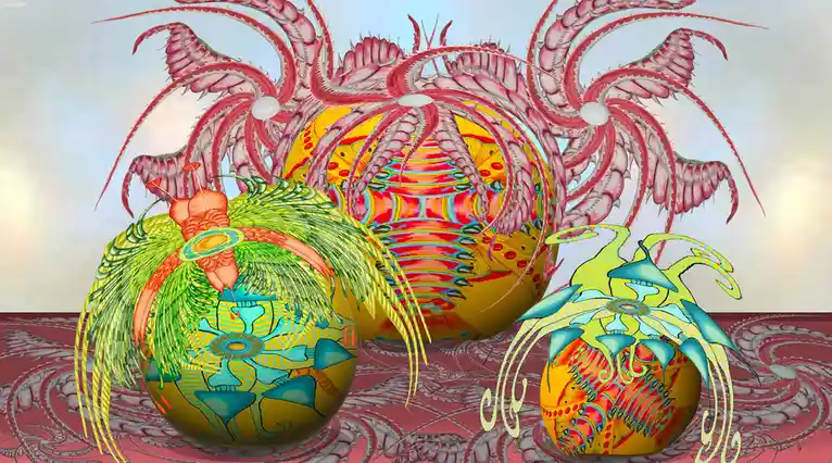Three ornately decorated, colorful, spherical objects with elaborate, fantastical appendages sit on a patterned surface. The…