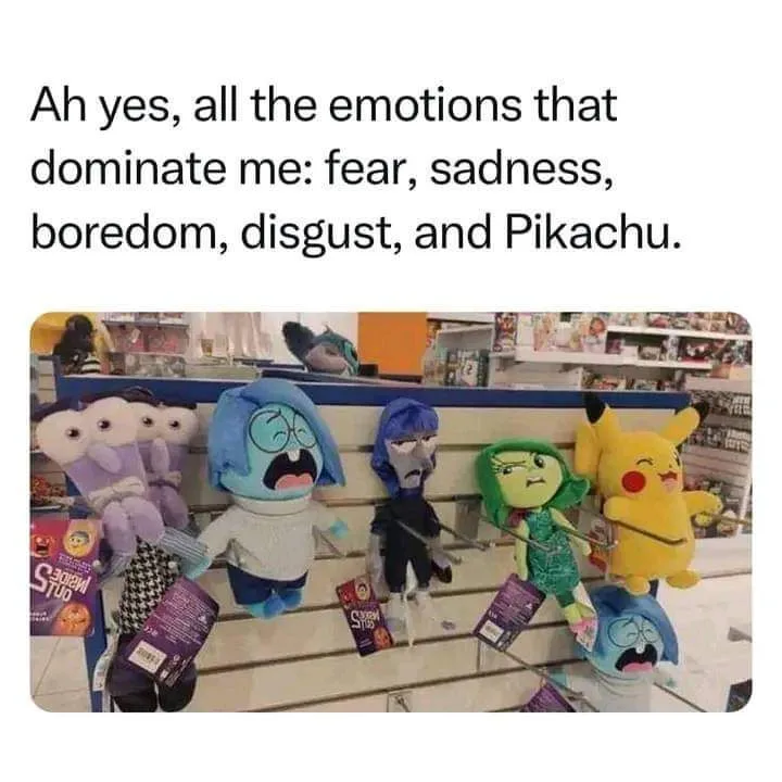 A row of plush toys from the movie 'Inside Out'—Fear, Sadness, Disgust, and Boredom—are displayed on a store shelf, each…